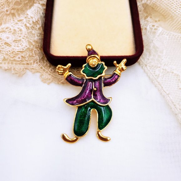 Articulated Clown Hard Enamel Pin, Cute Holiday Shawl Scarf Brooch - Picture 5 of 10